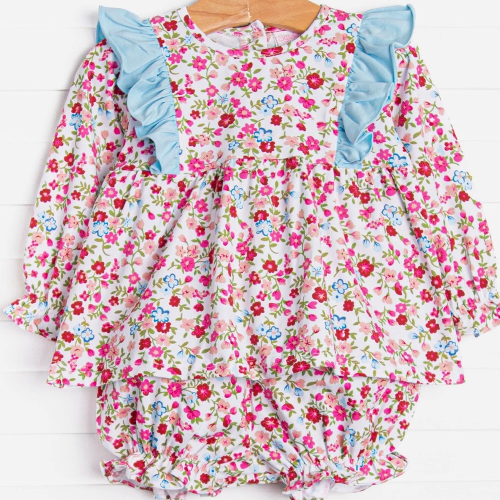 Stitchy Fish Floral Toddler set with Blue Ruffles